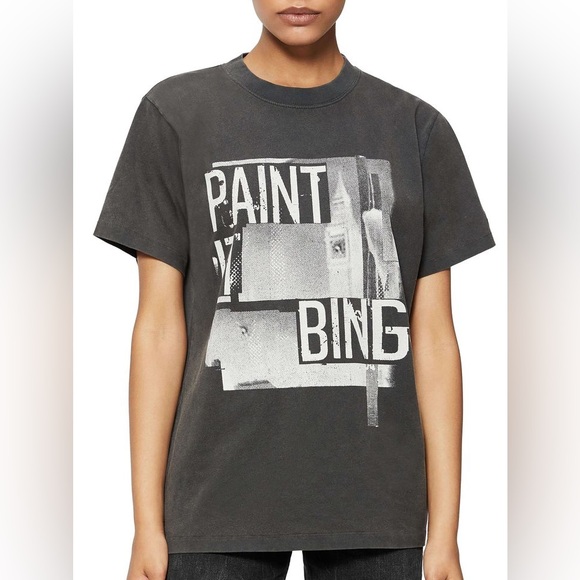Anine Bing Tops - Anine Bing Georgie Washed Black ‘Paint It Bing’ Cotton Tee—L